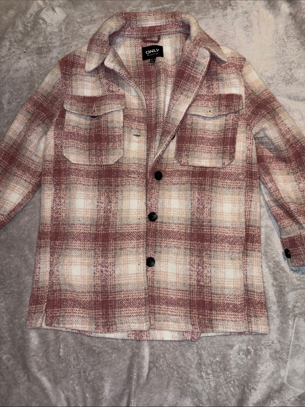 ONLY Plaid Shacket Jacket in Dusty Rose and Cream